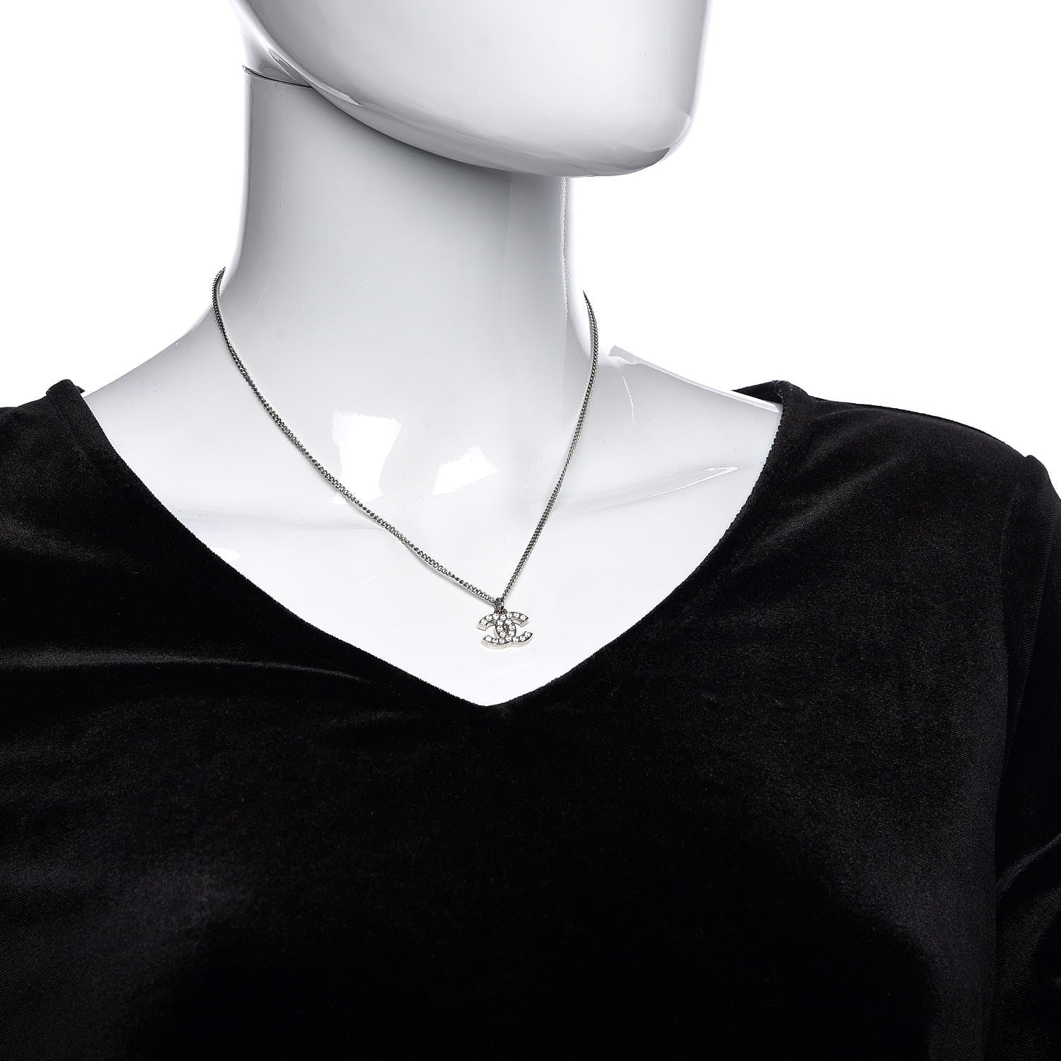 Chanel Crystal CC Pendant Necklace Silver 2 of 6