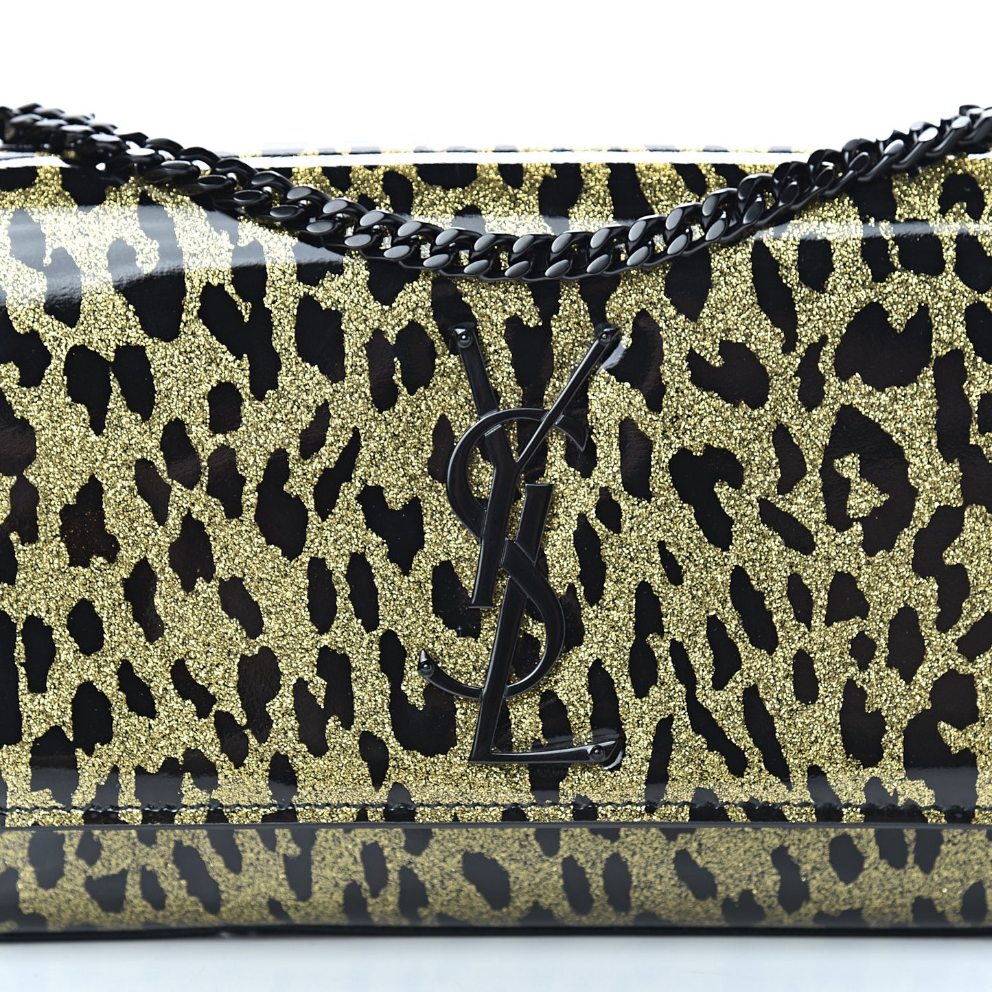 Patent Glitter Leopard Small Classic Monogram Kate Chain Wallet Black Gold
