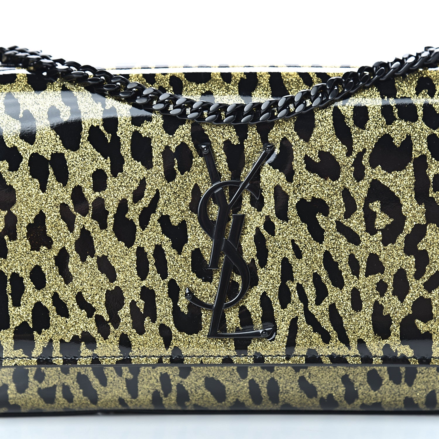Saint Laurent Patent Glitter Leopard Small Classic Monogram Kate Chain Wallet Black Gold 7 of 9