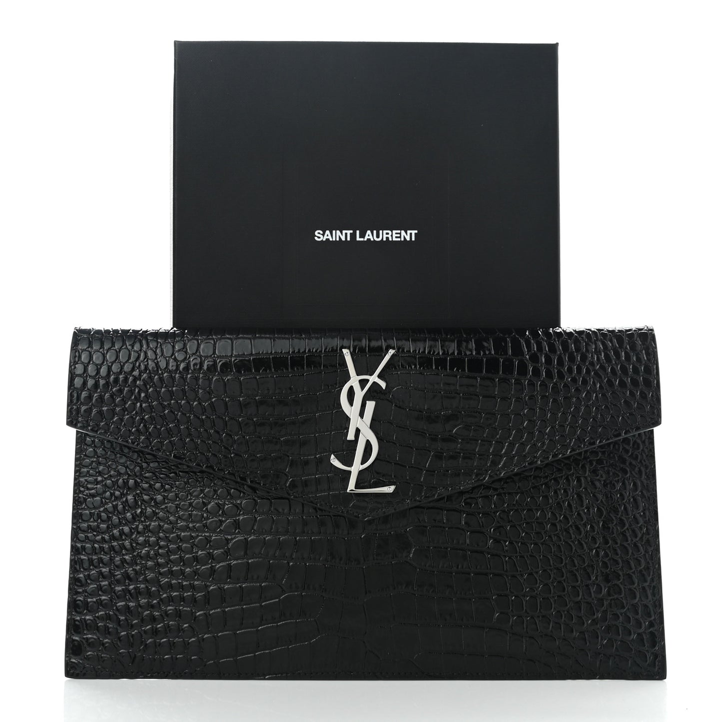 Calfskin Crocodile Embossed Uptown Monogram Pouch Black