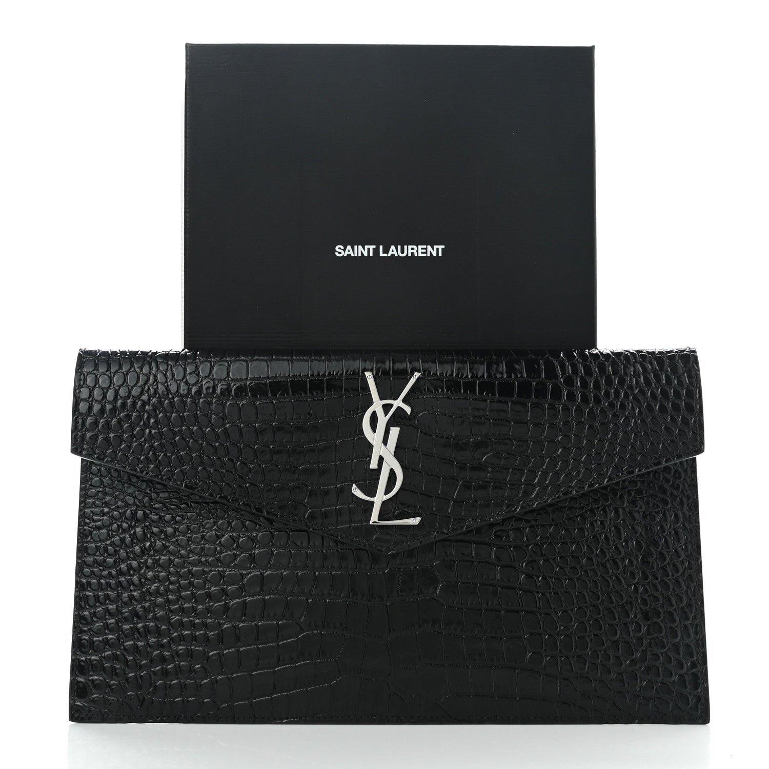 Saint Laurent Calfskin Crocodile Embossed Uptown Monogram Pouch Black 7 of 7