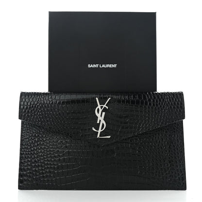 Saint Laurent Calfskin Crocodile Embossed Uptown Monogram Pouch Black 7 of 7