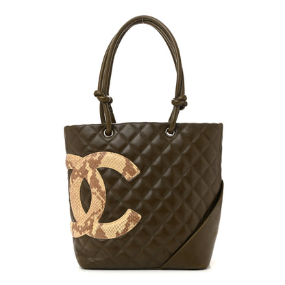 Chanel Calfskin Snakeskin Quilted Small Cambon Tote Khaki 1 of 23