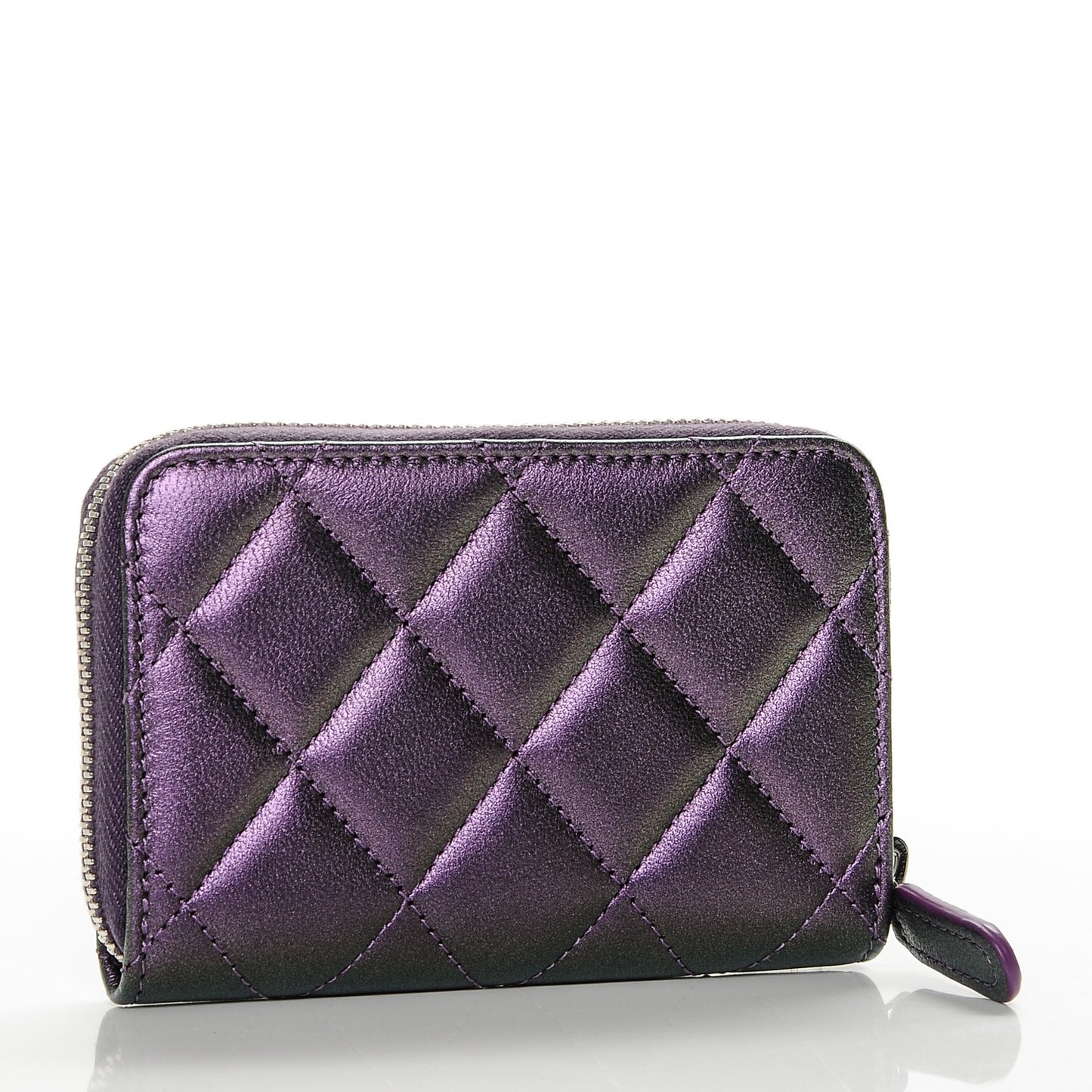 Metallic Lambskin Quilted Zip Around Coin Purse Wallet Dark Purple