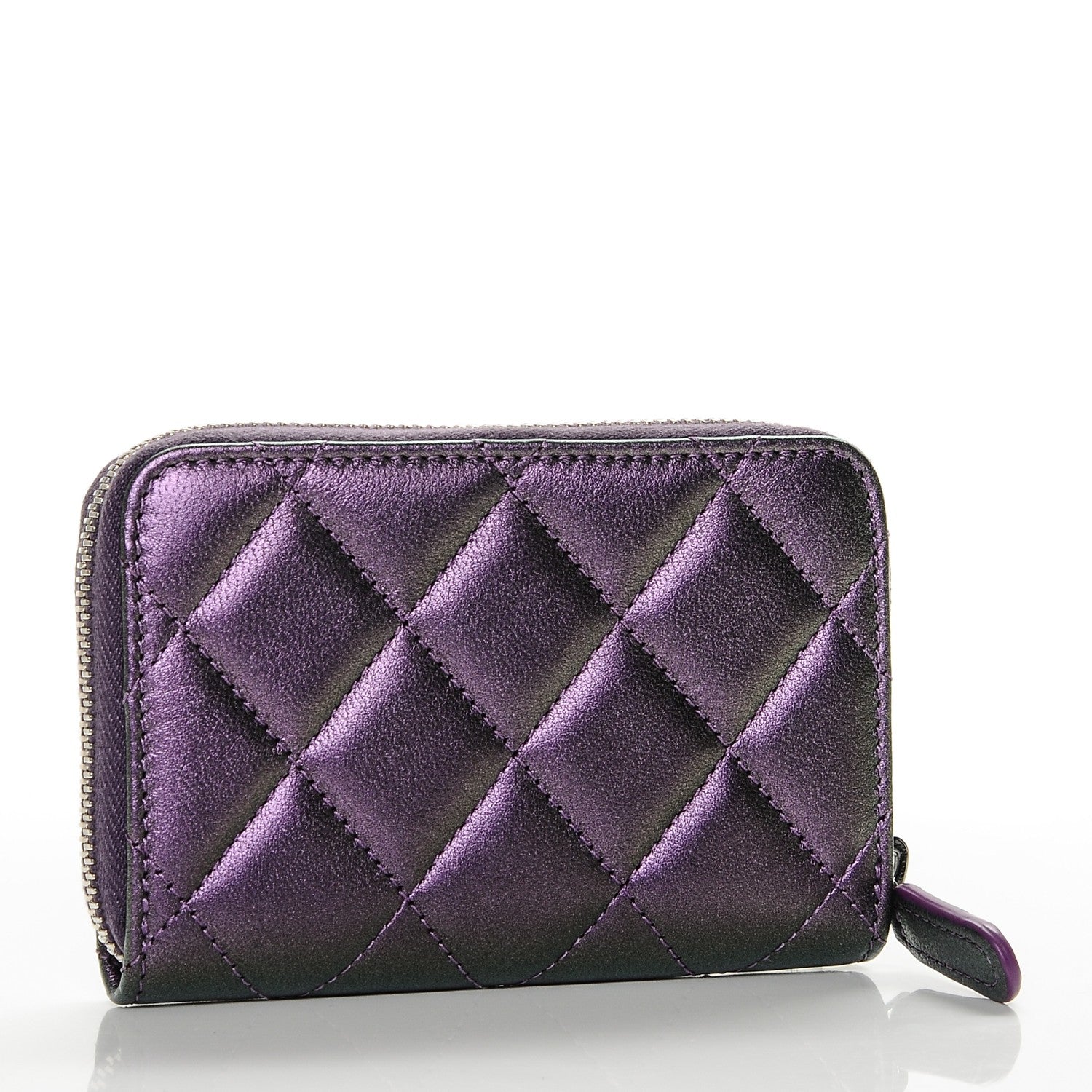 Chanel Metallic Lambskin Quilted Zip Around Coin Purse Wallet Dark Purple 3 of 7