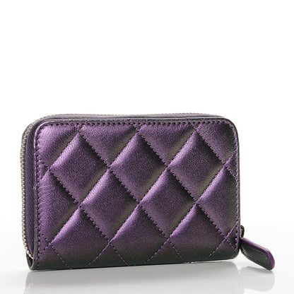 Chanel Metallic Lambskin Quilted Zip Around Coin Purse Wallet Dark Purple 3 of 7