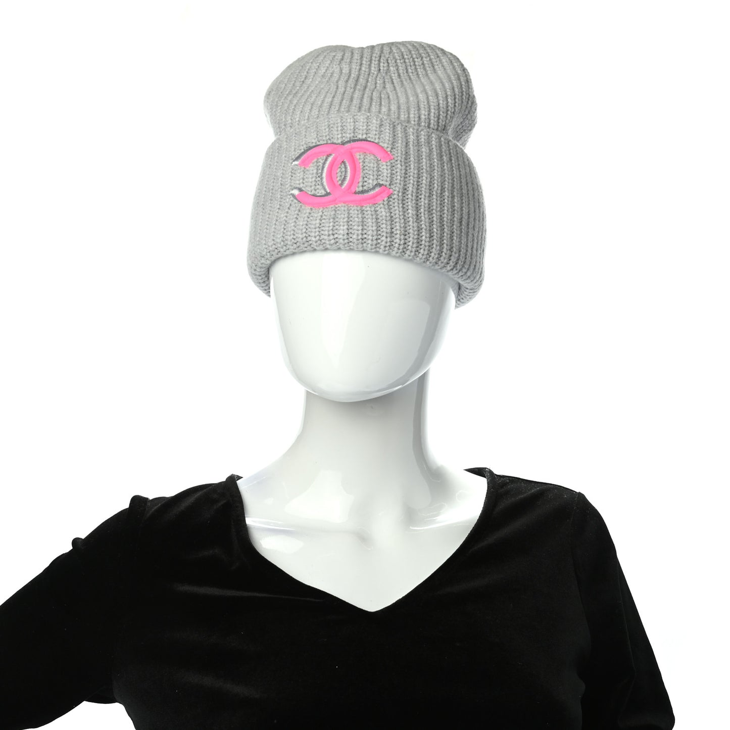 Wool Cashmere CC Beanie Hat Light Grey Fuchsia
