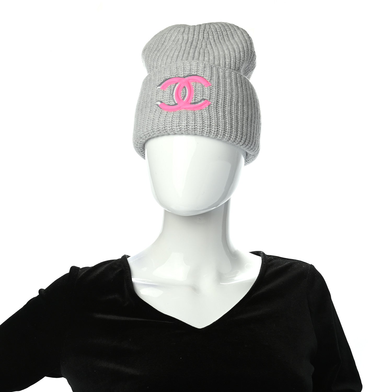Chanel Wool Cashmere CC Beanie Hat Light Grey Fuchsia 2 of 5
