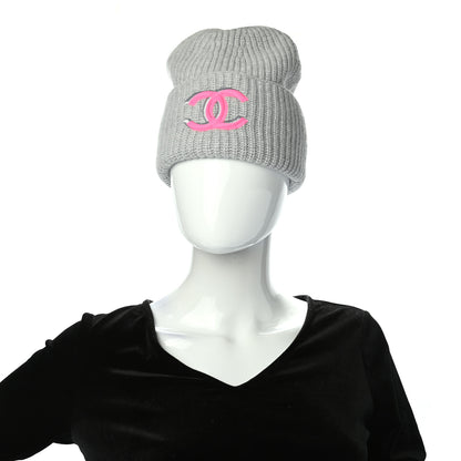 Chanel Wool Cashmere CC Beanie Hat Light Grey Fuchsia 2 of 5