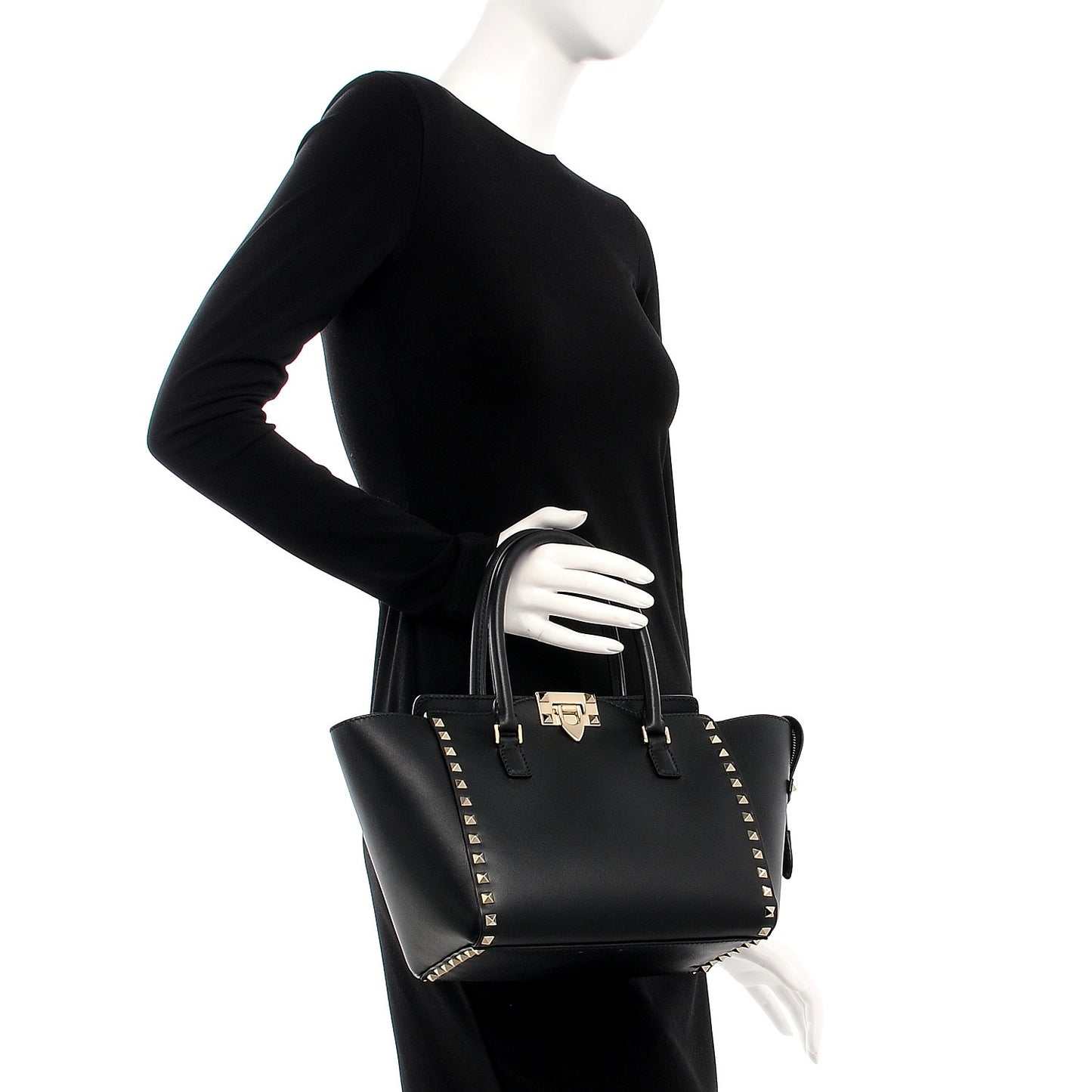 Vitello Small Rockstud Double Handle Tote Black