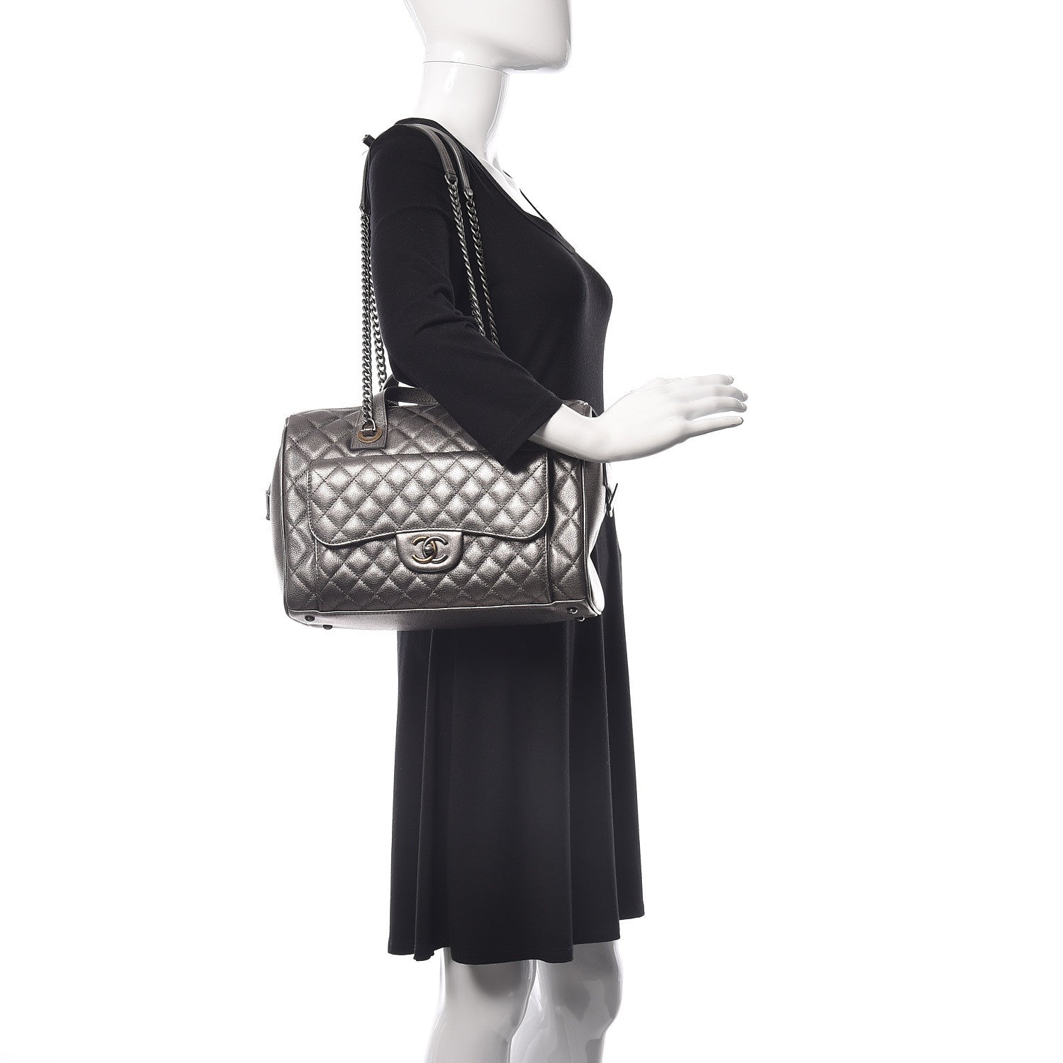 Chanel Metallic Grained Calfskin Quilted Large Casual Pocket Bowling Bag Silver 2 of 9