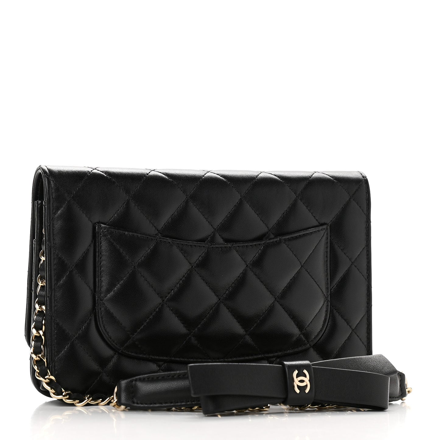 Lambskin Quilted Coco Bow Wallet On Chain WOC Black