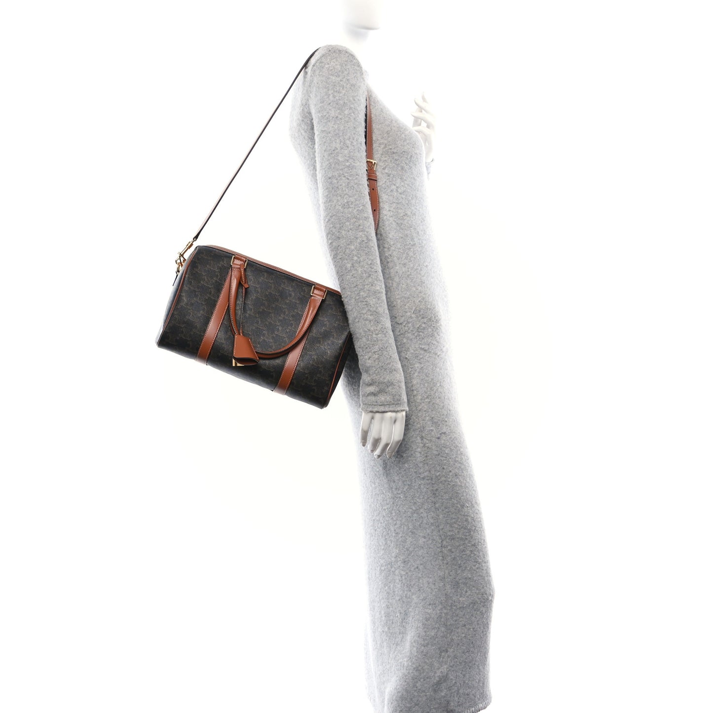 Triomphe Canvas Calfskin Boston Bag Tan