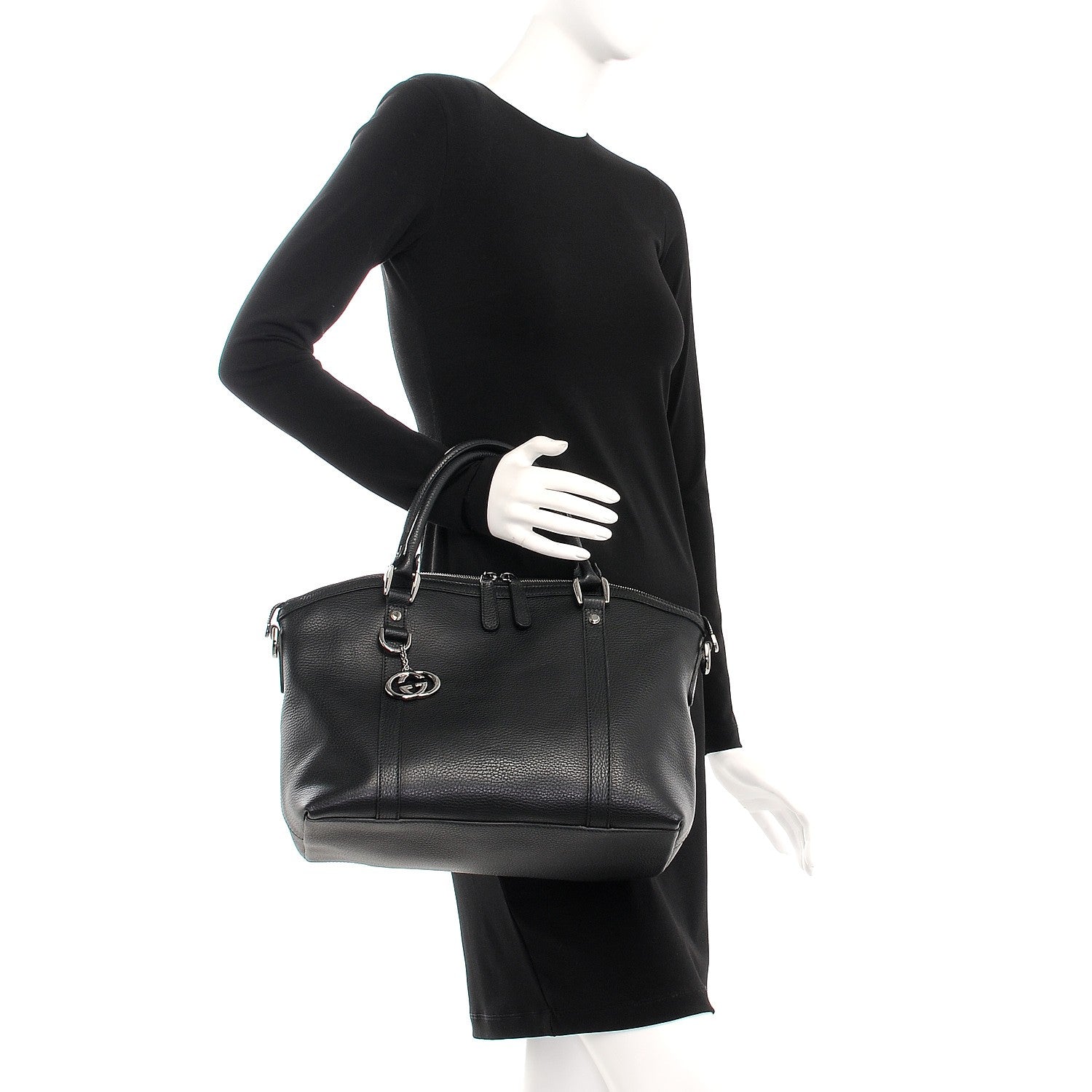 Gucci Pebbled Calfskin Medium GG Charm Dome Satchel Black 3 of 9