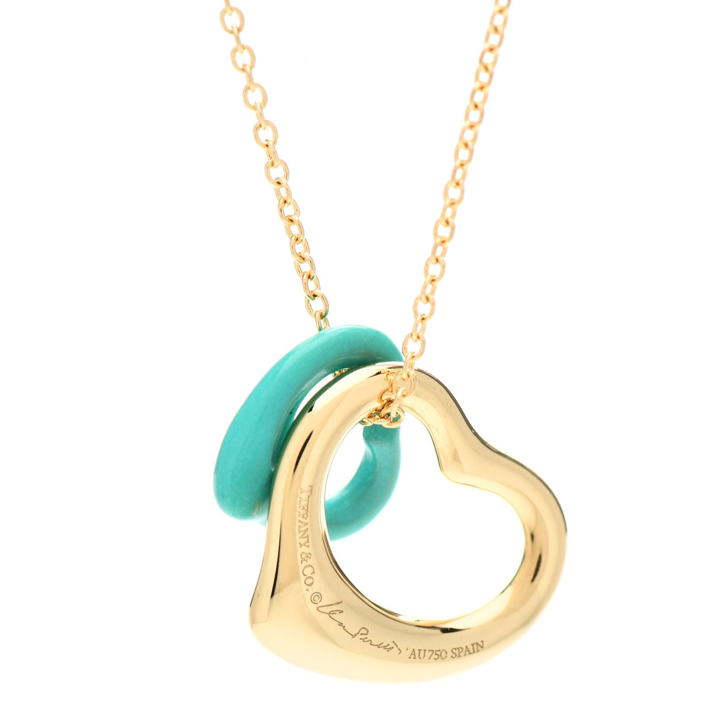 18K Yellow Gold Turquoise Elsa Peretti Double Open Heart Pendant Necklace