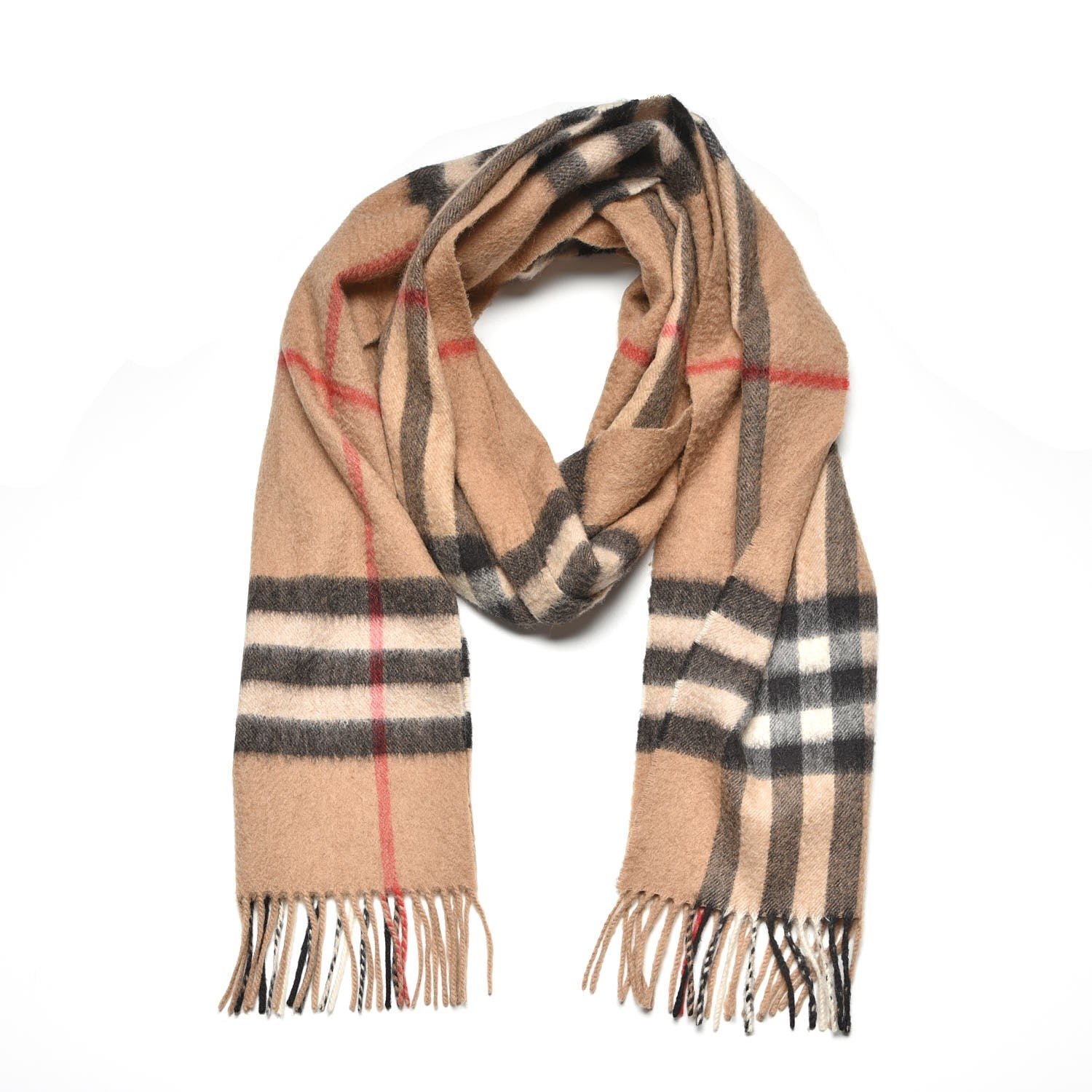 Burberry Cashmere Giant Check Fringe Scarf Camel 1 of 6
