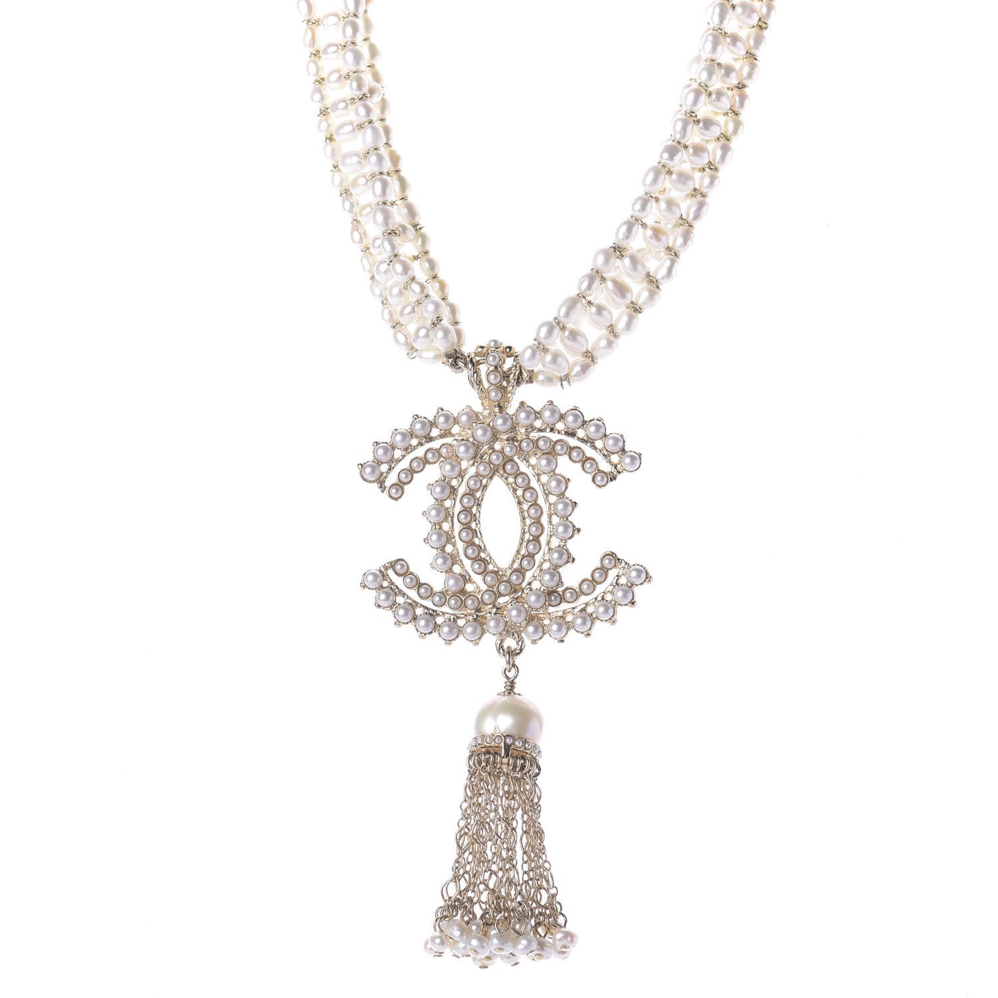 Pearl Crystal CC Long Necklace Gold