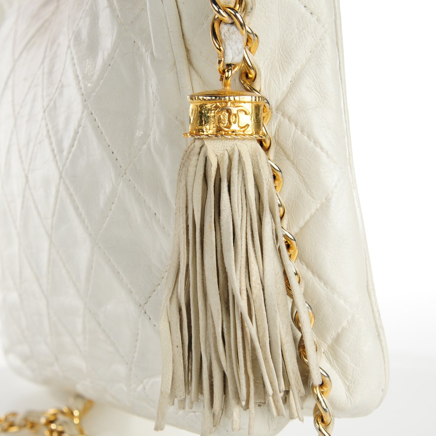 Lambskin Quilted Tassel Camera Case White