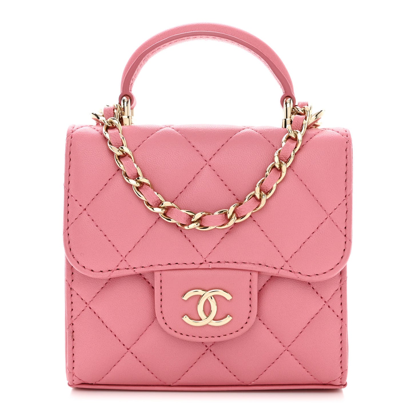 Lambskin Quilted Top Handle Clutch With Chain Pink