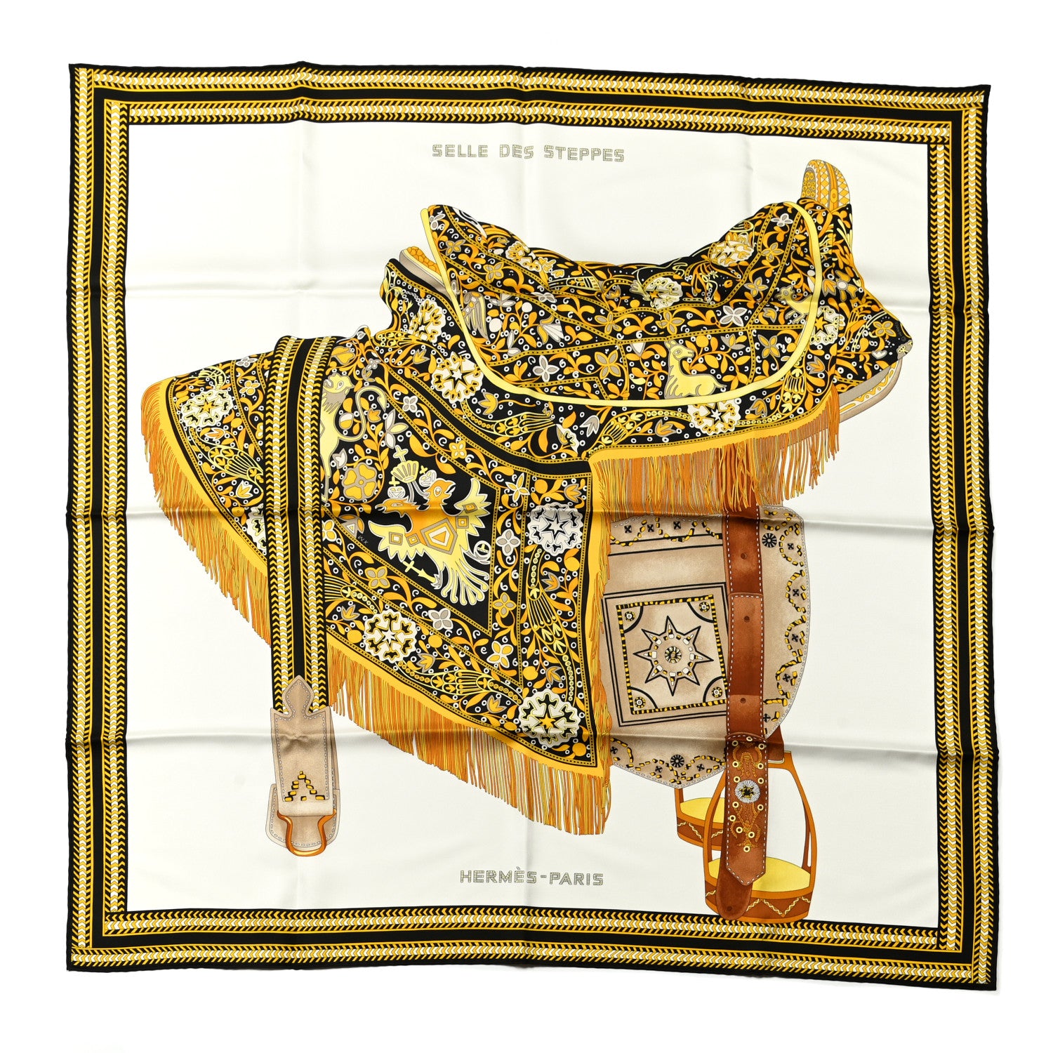Hermes Silk Selle Des Steppes Scarf 90 White Or Black 1 of 6