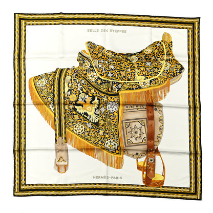 Hermes Silk Selle Des Steppes Scarf 90 White Or Black 1 of 6