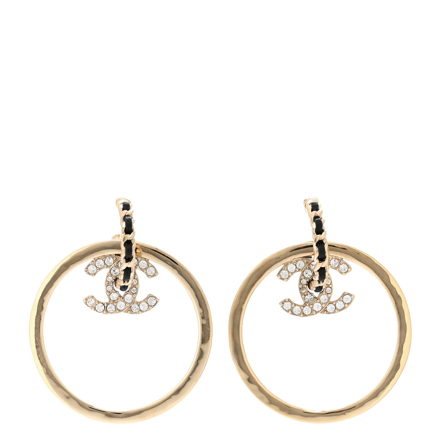 Metal Crystal Lambskin CC Chain Hoop Earrings Gold Black