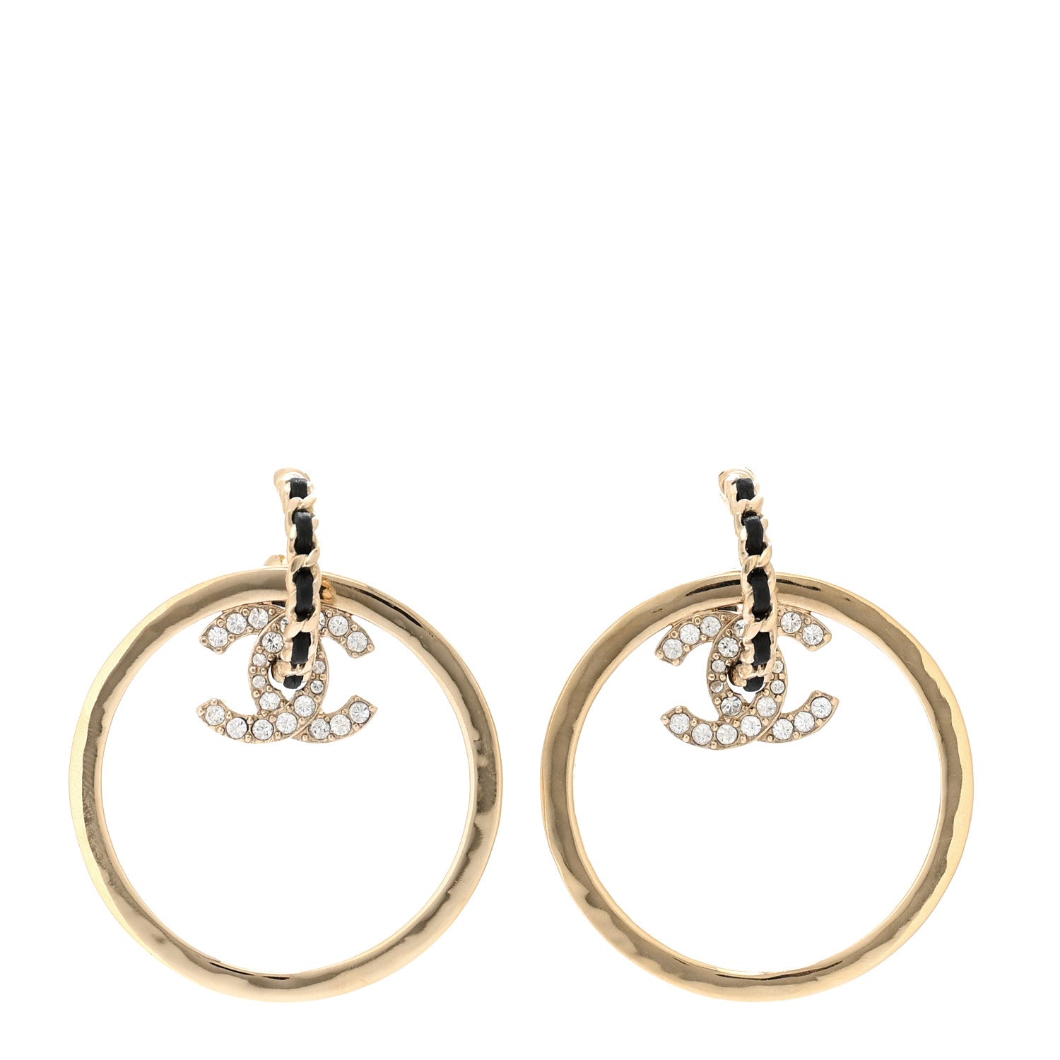 Chanel Metal Crystal Lambskin CC Chain Hoop Earrings Gold Black 1 of 5