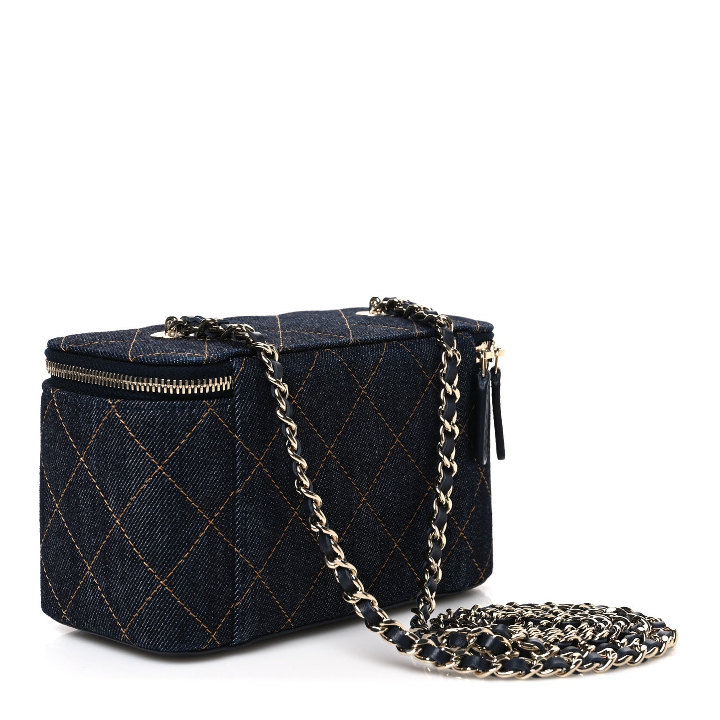Denim Quilted Small Vanity Case With Chain Dark Blue Orange