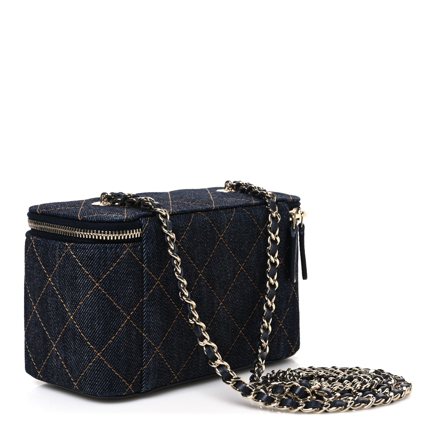 Chanel Denim Quilted Small Vanity Case With Chain Dark Blue Orange 2 of 9