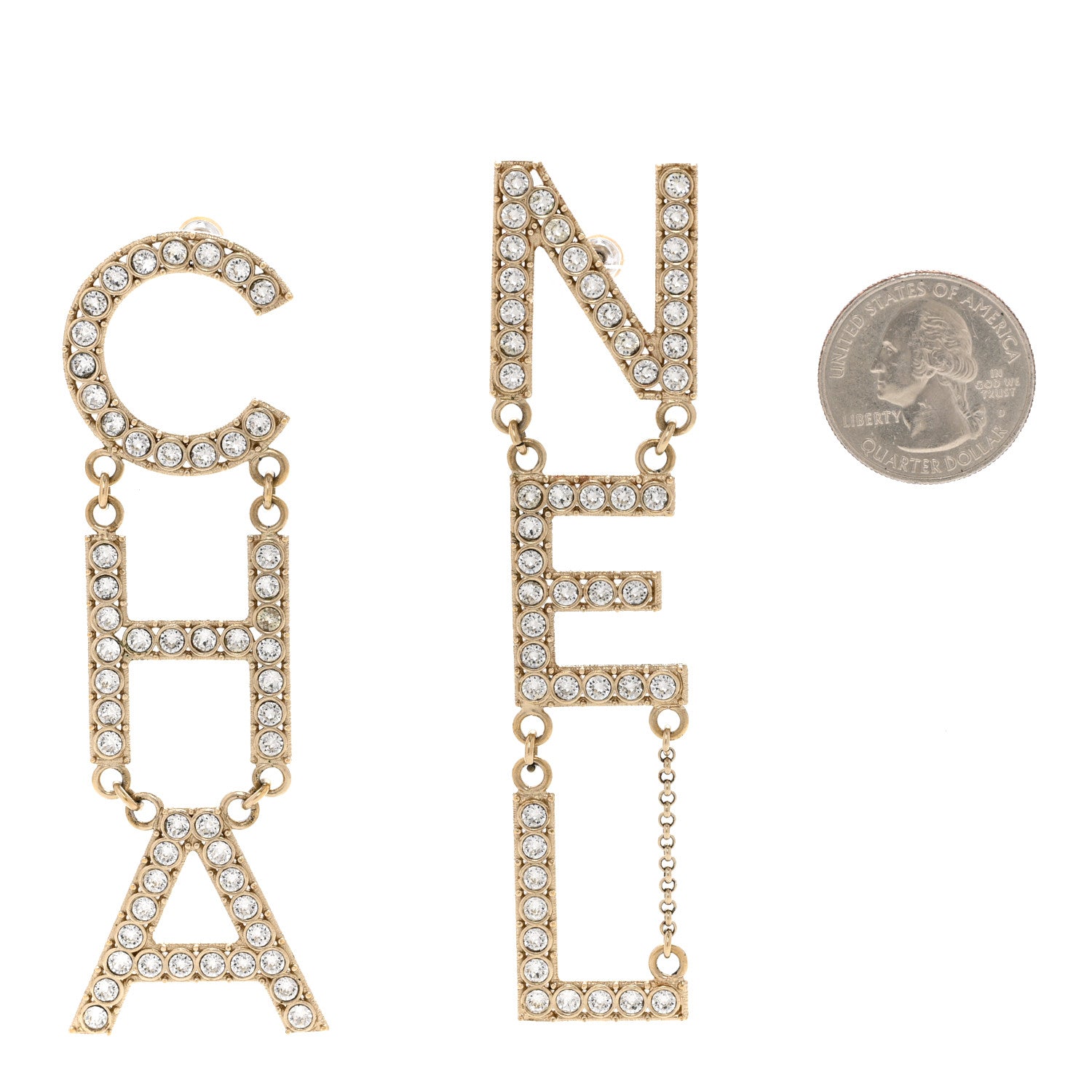 Chanel Crystal Cha-Nel Logo Drop Earrings Gold 2 of 4