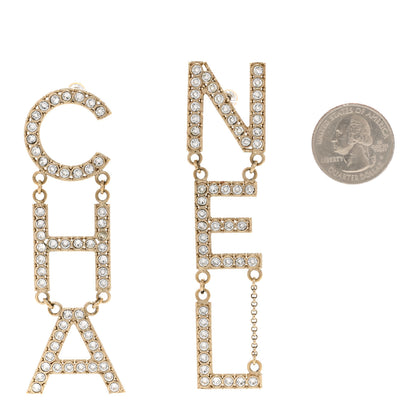 Chanel Crystal Cha-Nel Logo Drop Earrings Gold 2 of 4