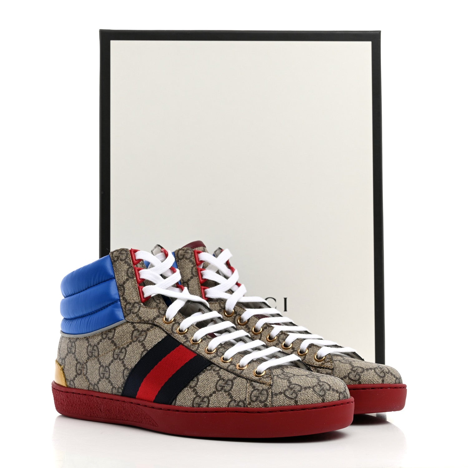 Gucci GG Supreme Monogram Nylon Mens Ace High Top Sneakers 8 Beige Red Blue 9 of 9