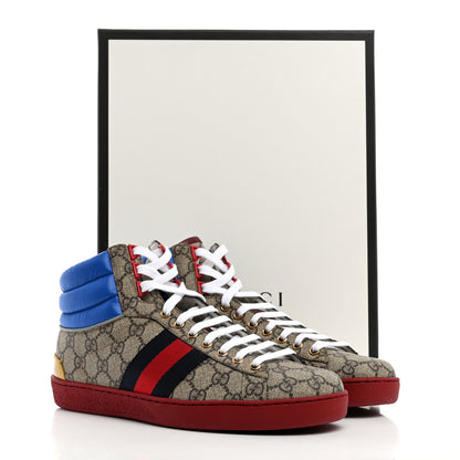 Gucci GG Supreme Monogram Nylon Mens Ace High Top Sneakers 8 Beige Red Blue 9 of 9