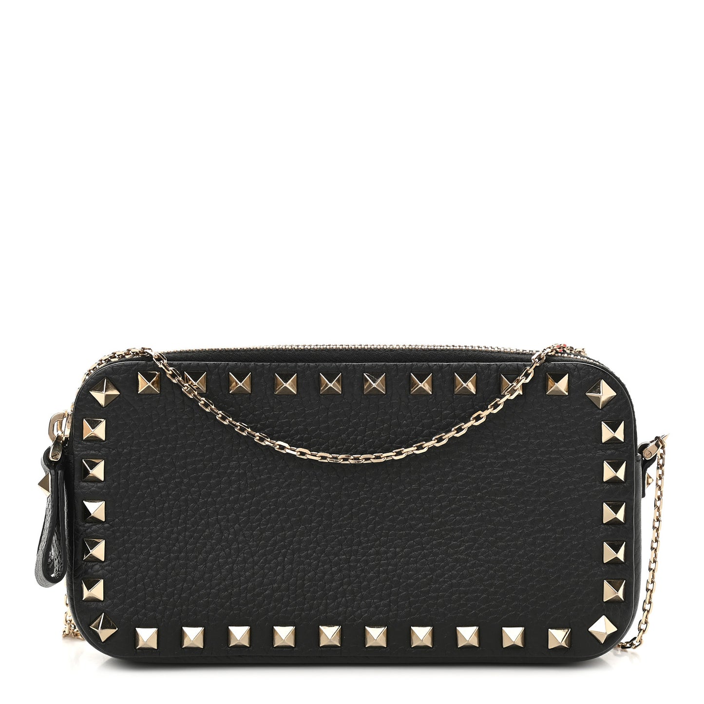 Pebbled Calfskin Rockstud Double Zip Camera Crossbody Bag Black