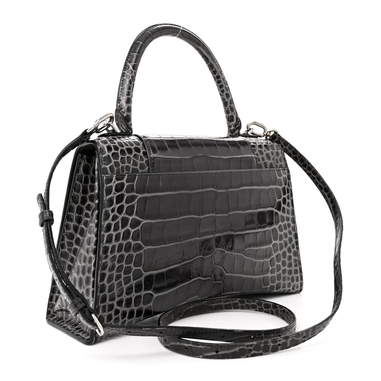 Shiny Calfskin Crocodile Embossed Medium Hourglass Top Handle Bag Dark Grey