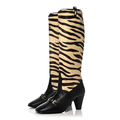 Gucci Calf Hair Wrinkled Kid Tiger Print Zumi Knee Boots Natural Black 3 of 8