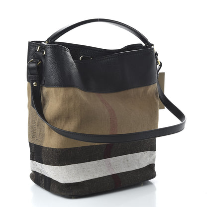 Burberry Grainy Calfskin Canvas Mega Check Medium Ashby Tassel Hobo Black 4 of 11
