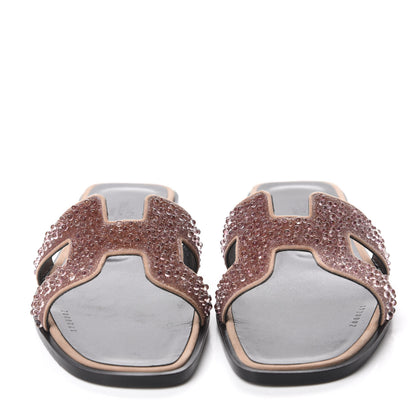 Hermes Suede Goatskin Crystal Oran Sandals 37.5 Rose Nude 2 of 12