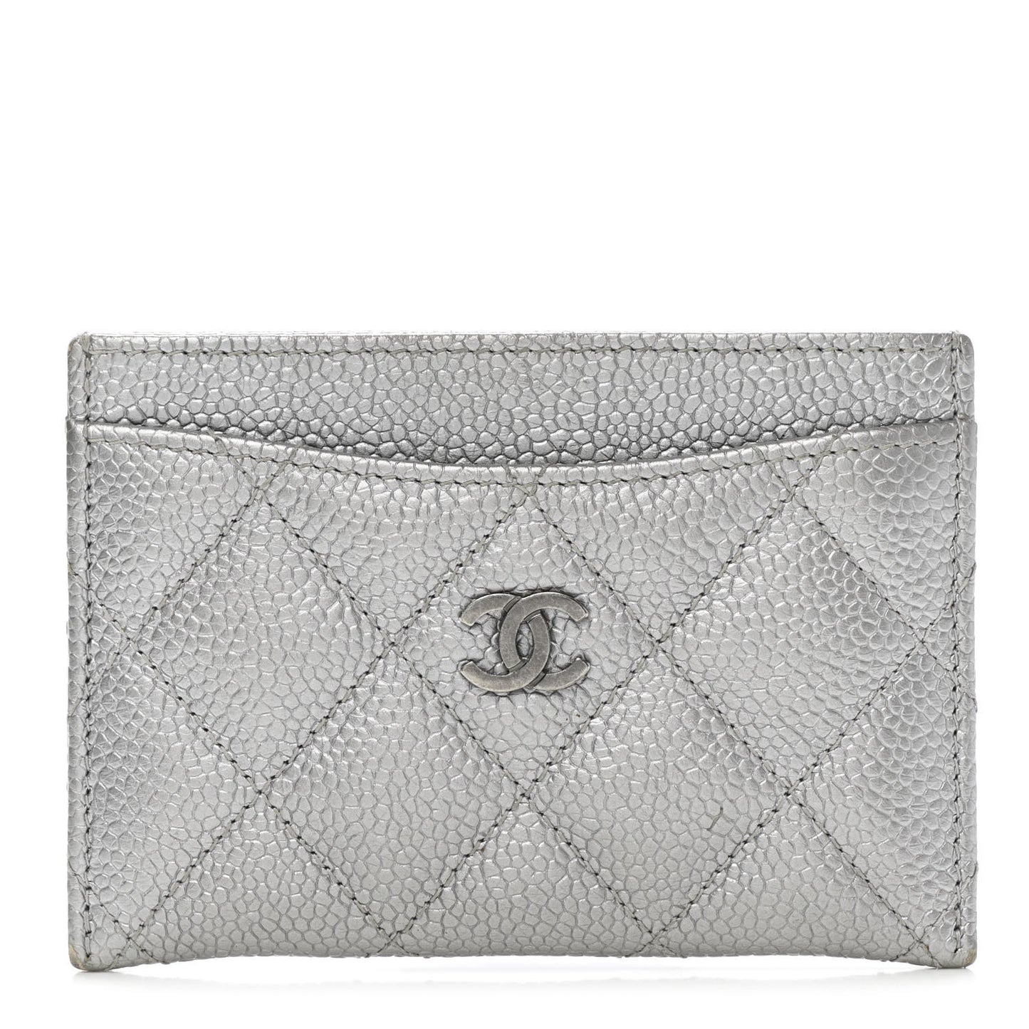 Metallic Caviar Quilted Card Holder Silver