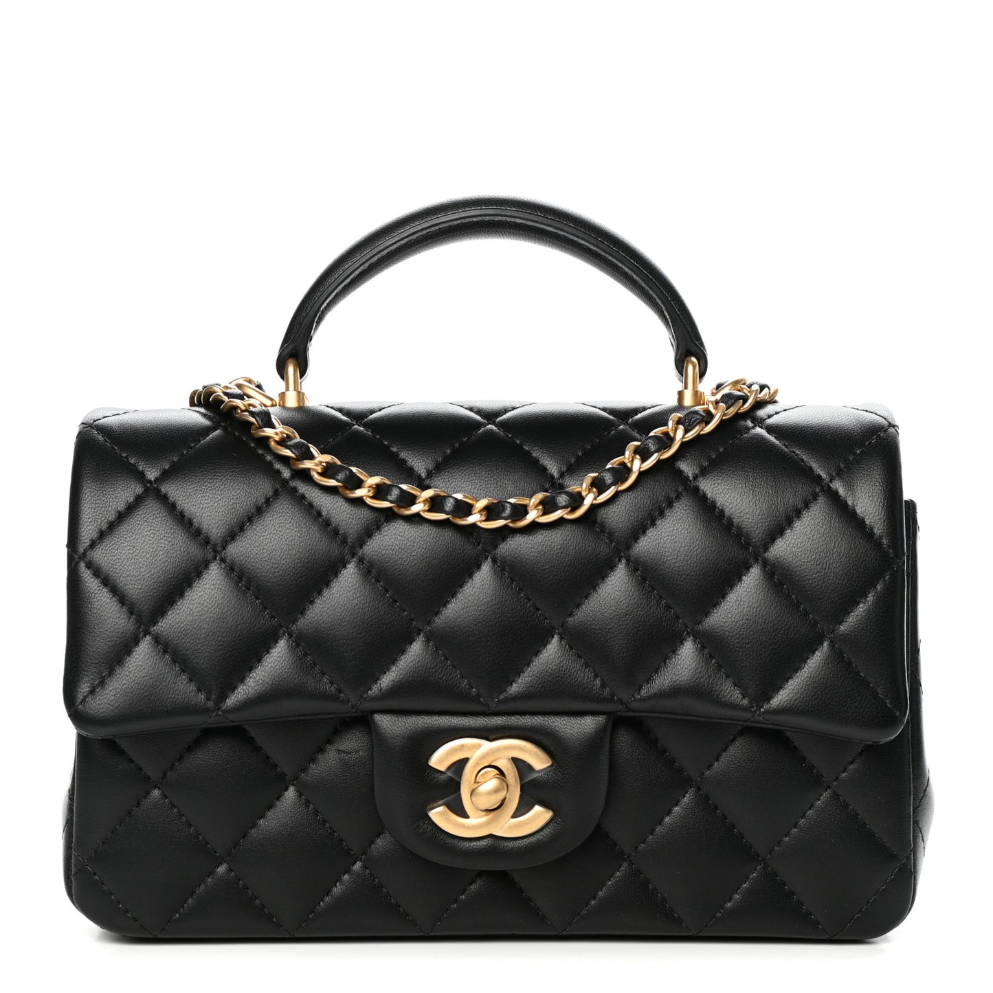 Lambskin Quilted Mini Top Handle Rectangular Flap Black