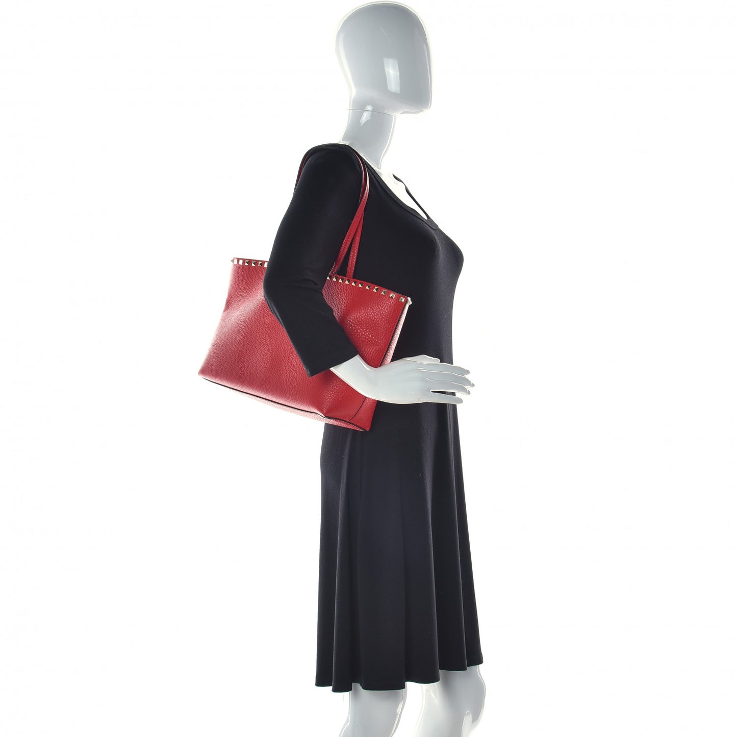Grained Calfskin Small Rockstud Shoulder Tote Rouge Pur