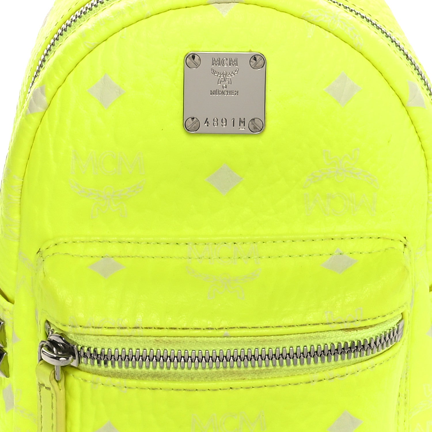 MCM Visetos Side Stud X-Mini Stark Bebe Boo Backpack Neon Yellow 7 of 9