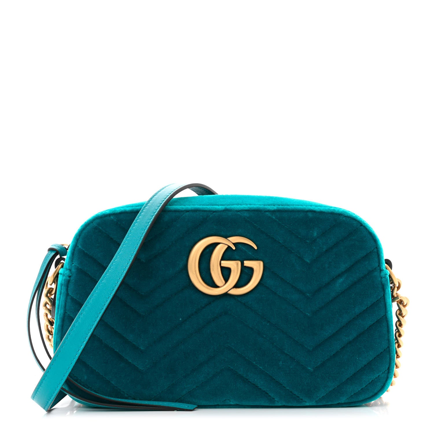 Gucci Velvet Matelasse Small GG Marmont Chain Shoulder Bag Pavone Cyan 1 of 10