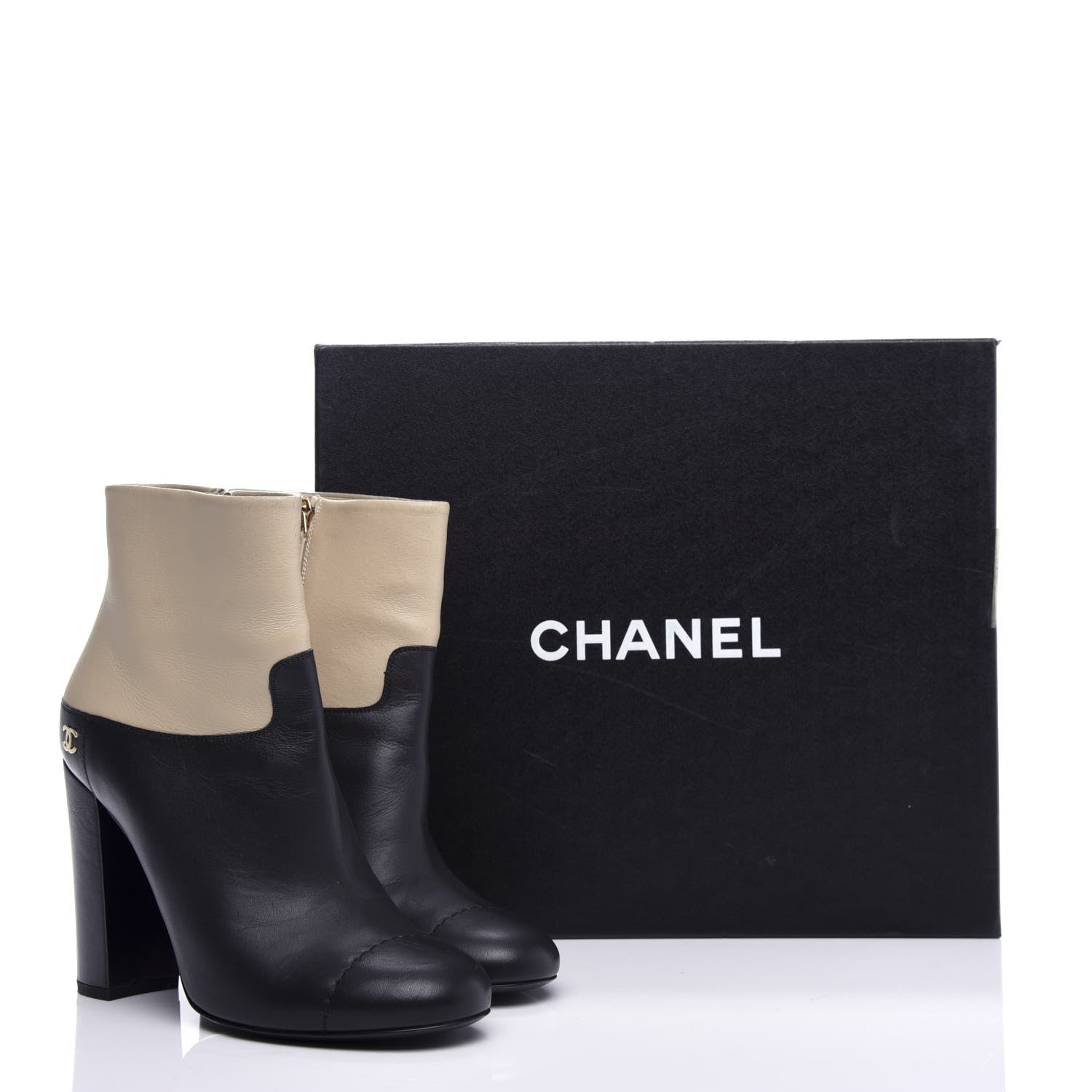 Chanel Tumbled Calfskin CC Short Boots 39 Beige Black 11 of 11