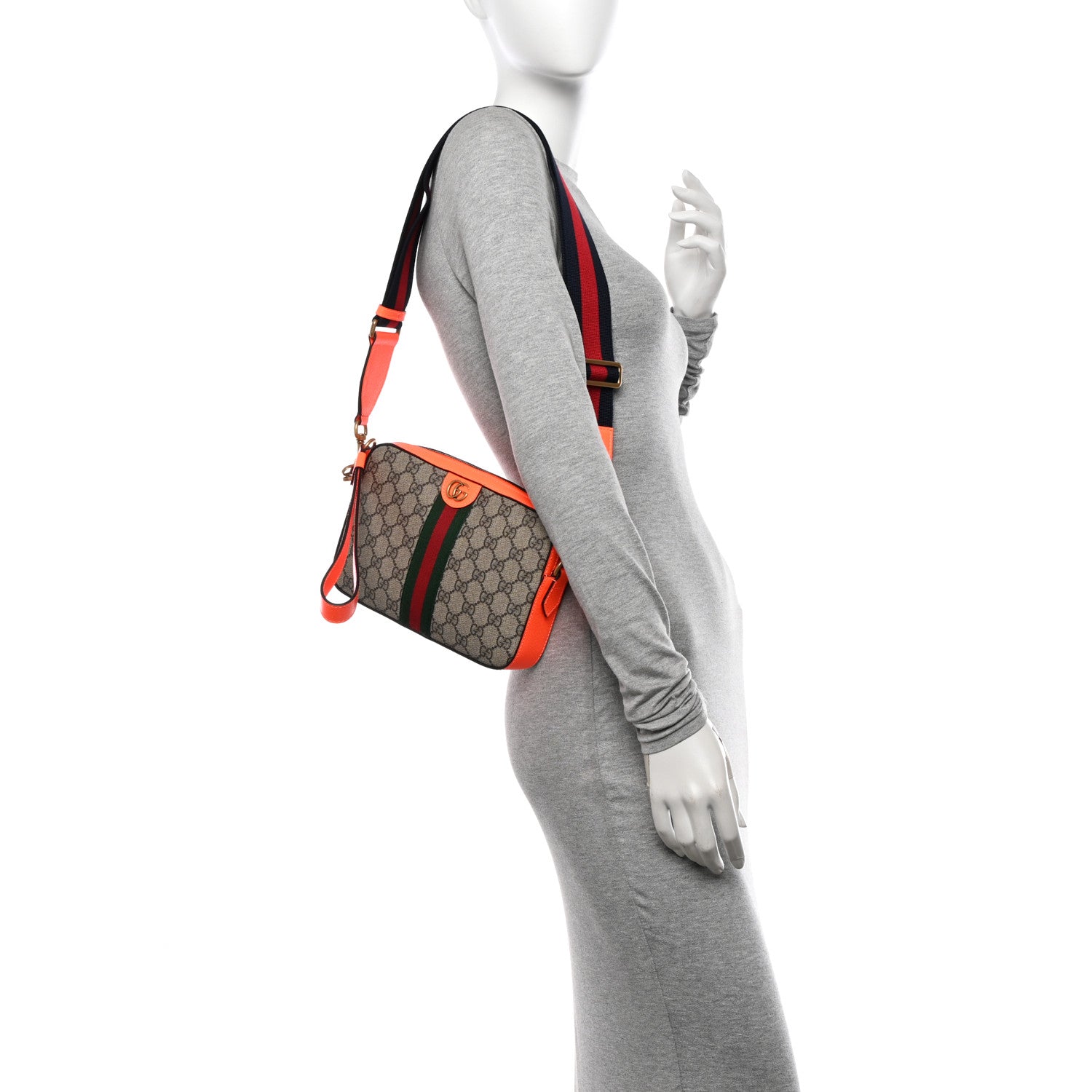 Gucci GG Supreme Monogram Textured Dollar Calfskin Web Ophidia Wristlet Shoulder Bag Beige Ebony Orange 3 of 10