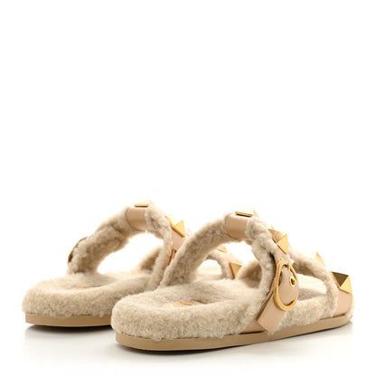 Valentino Garavani Shearling Roman Stud Slide Sandals 37 Sahara Beige 4 of 8