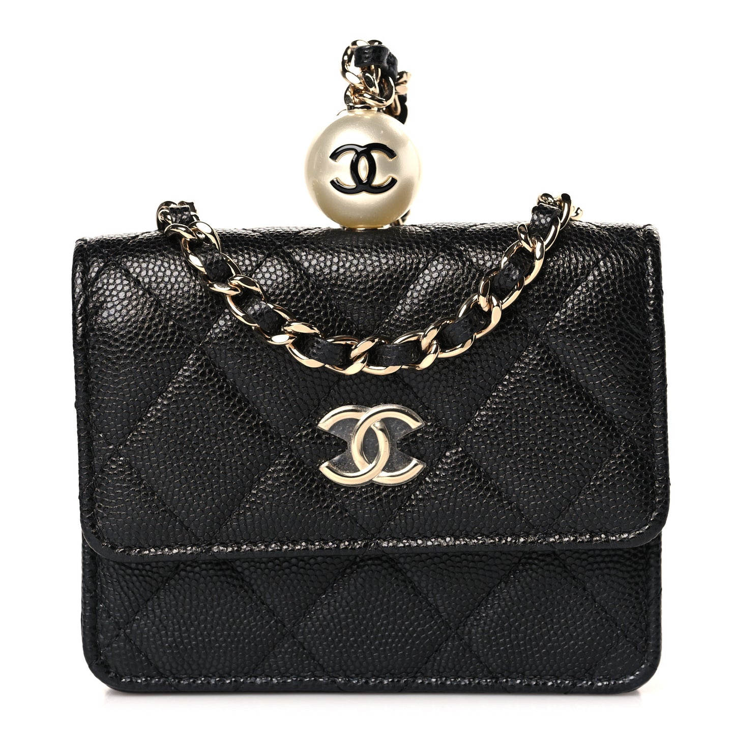 Caviar Quilted Mini Pearl On Top Coin Purse With Chain Black