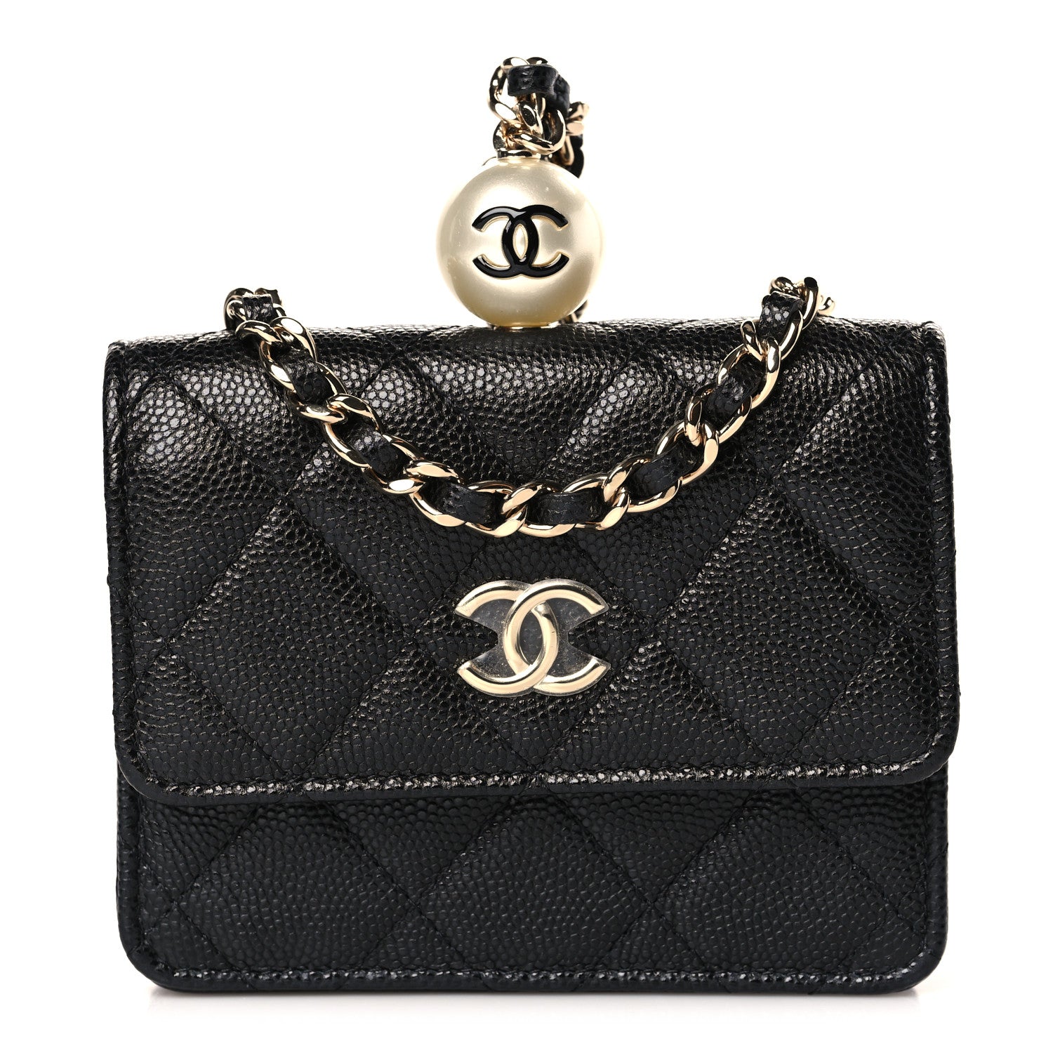 Chanel Caviar Quilted Mini Pearl On Top Coin Purse With Chain Black 1 of 11