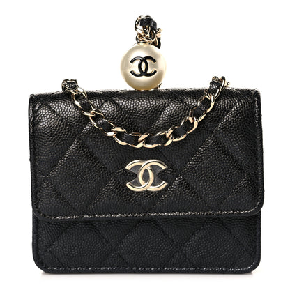 Chanel Caviar Quilted Mini Pearl On Top Coin Purse With Chain Black 1 of 11