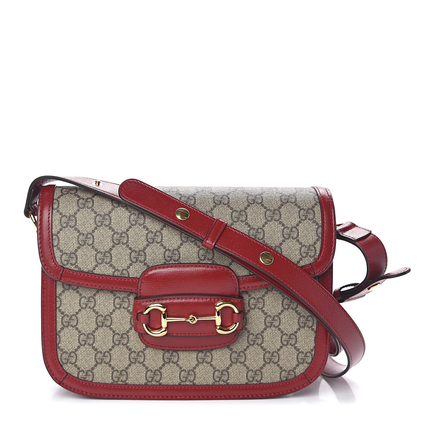 GG Supreme Monogram Azalea Calfskin Horsebit 1955 Shoulder Bag Beige Ebony New Cherry Red